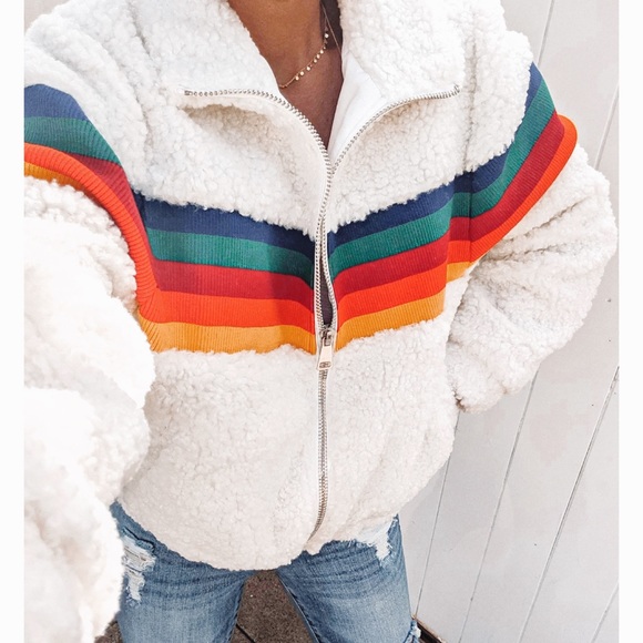 Vici Jackets & Blazers - Vici Hip Hip Hooray Pocketed Sherpa Rainbow Jacket
